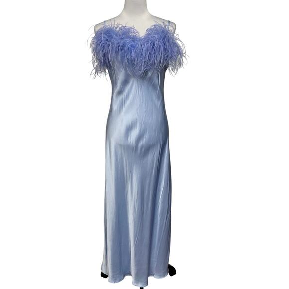 NWT - Sleeper Sky Blue Feathered Boheme Midi Slip Dress - Picture 3 of 6